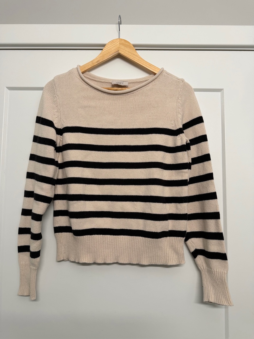 Loft Striped Crewneck Sweater in Cream and Black